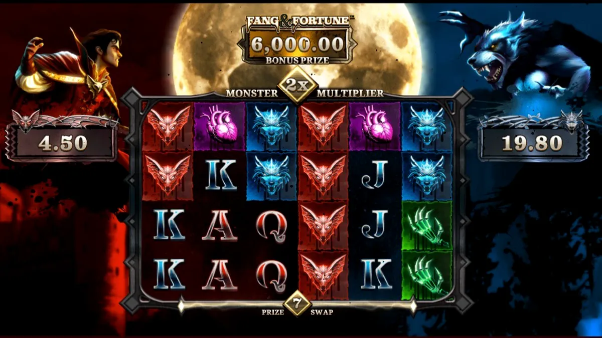 Tampilan visual slot Fang & Fortune dengan tema vampir dan manusia serigala